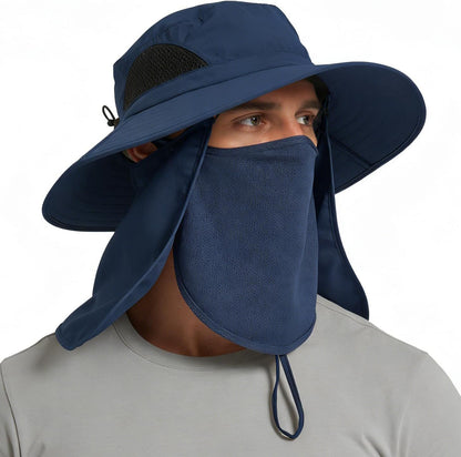 Navy blue wide-brim sun hat with chin strap and full face covering