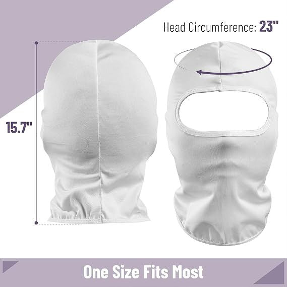 White full-face balaclava with oval eye opening, size shown