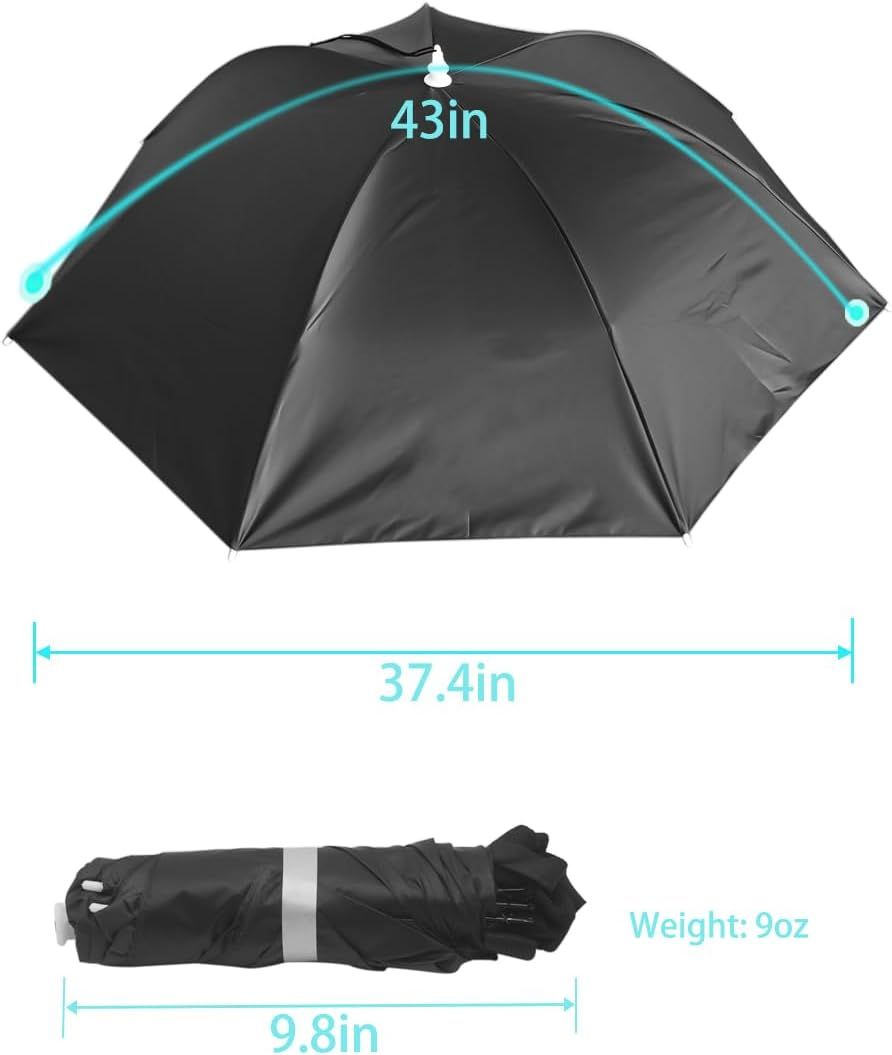 Black umbrella hat with foldable canopy and integrated chin strap, shown with bundle.
