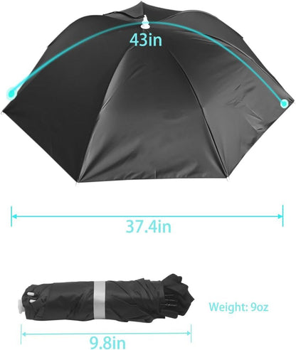 Black umbrella hat with foldable canopy and integrated chin strap, shown with bundle.