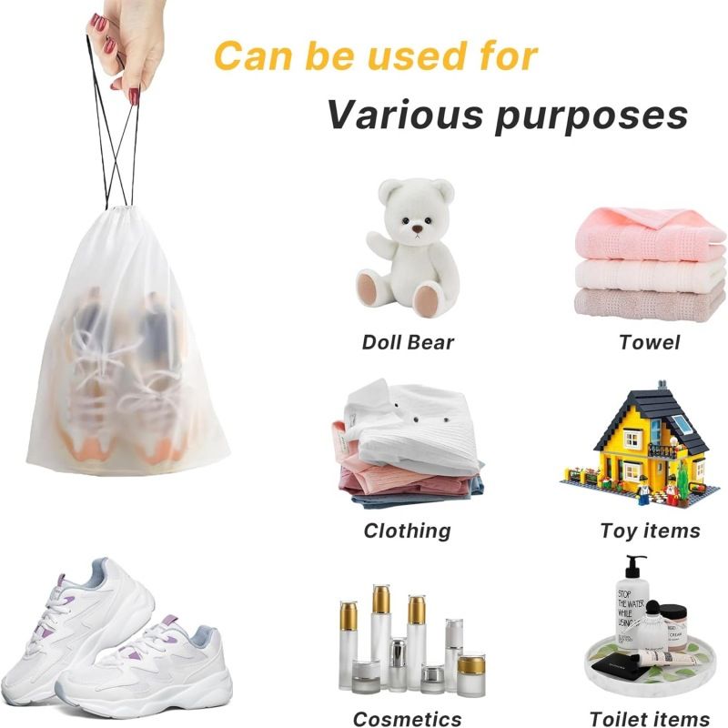 Transparent drawstring travel bags for organizing, clear pouches with cord handles
