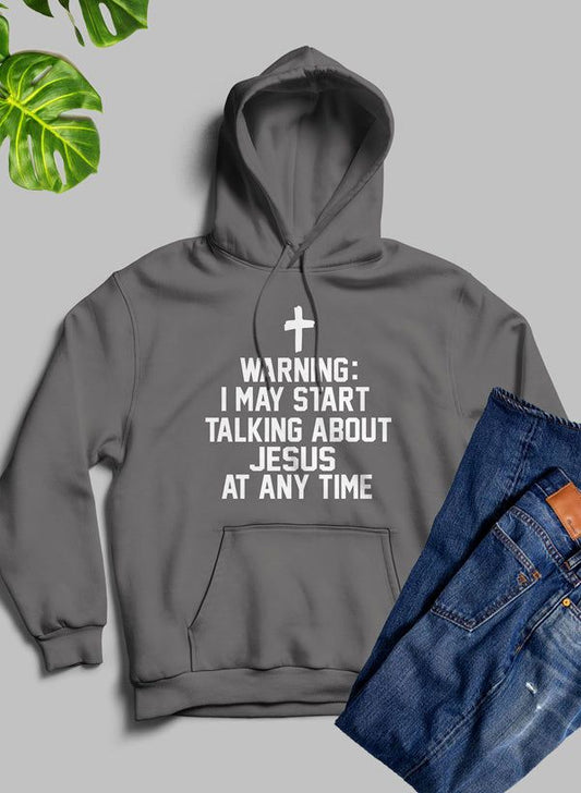 Dark heather gray hoodie with front pocket, hood, and cross warning graphic
