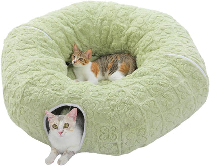 Light green cat donut tunnel bed with plush cushion and side entrance opening
