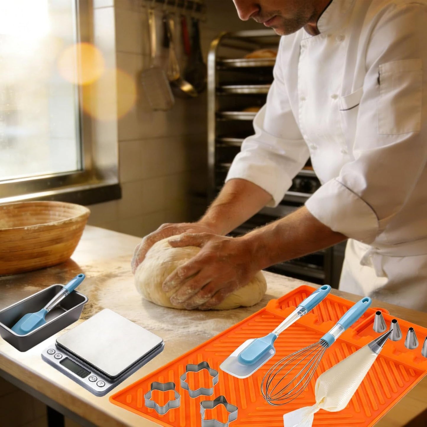 Orange silicone tools mat on countertop with utensil molds and baking tools