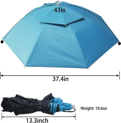 Light blue umbrella hat canopy with center top button; folded sleeve attached.