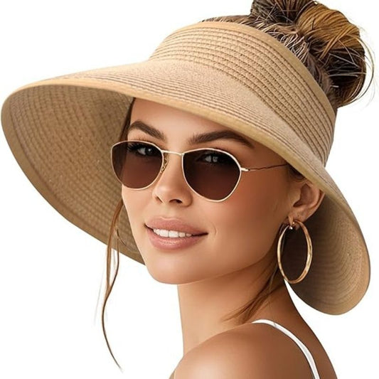 Women’s wide-brim paper straw sun hat in light tan, floppy style with ponytail opening