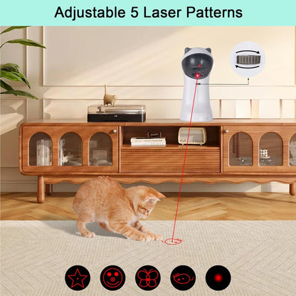 White automatic laser cat toy with red adjustable beam, orange cat chasing laser dots