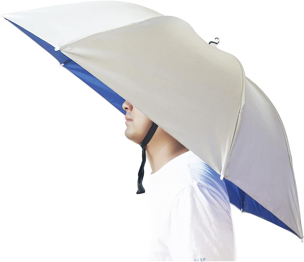 Umbrella hat with beige canopy and blue underside, adjustable chin strap on wearer