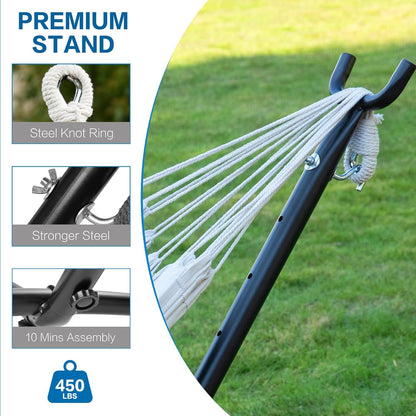 Black steel hammock stand with rope knot ring and hanging white hammock.