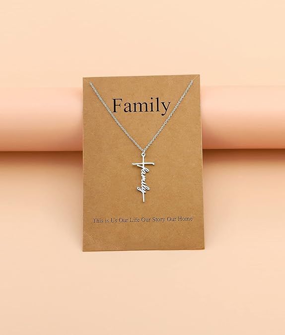 Faith cross pendant necklace with 'Family' charm and fine silver chain