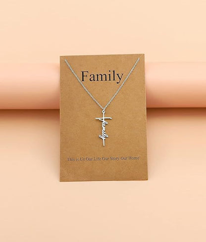 Faith cross pendant necklace with 'Family' charm and fine silver chain
