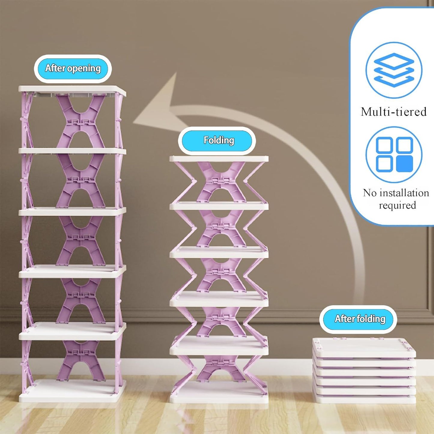 Folding 6-tier vertical shoe rack shown open and folded, front door storage