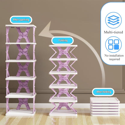 Folding 6-tier vertical shoe rack shown open and folded, front door storage