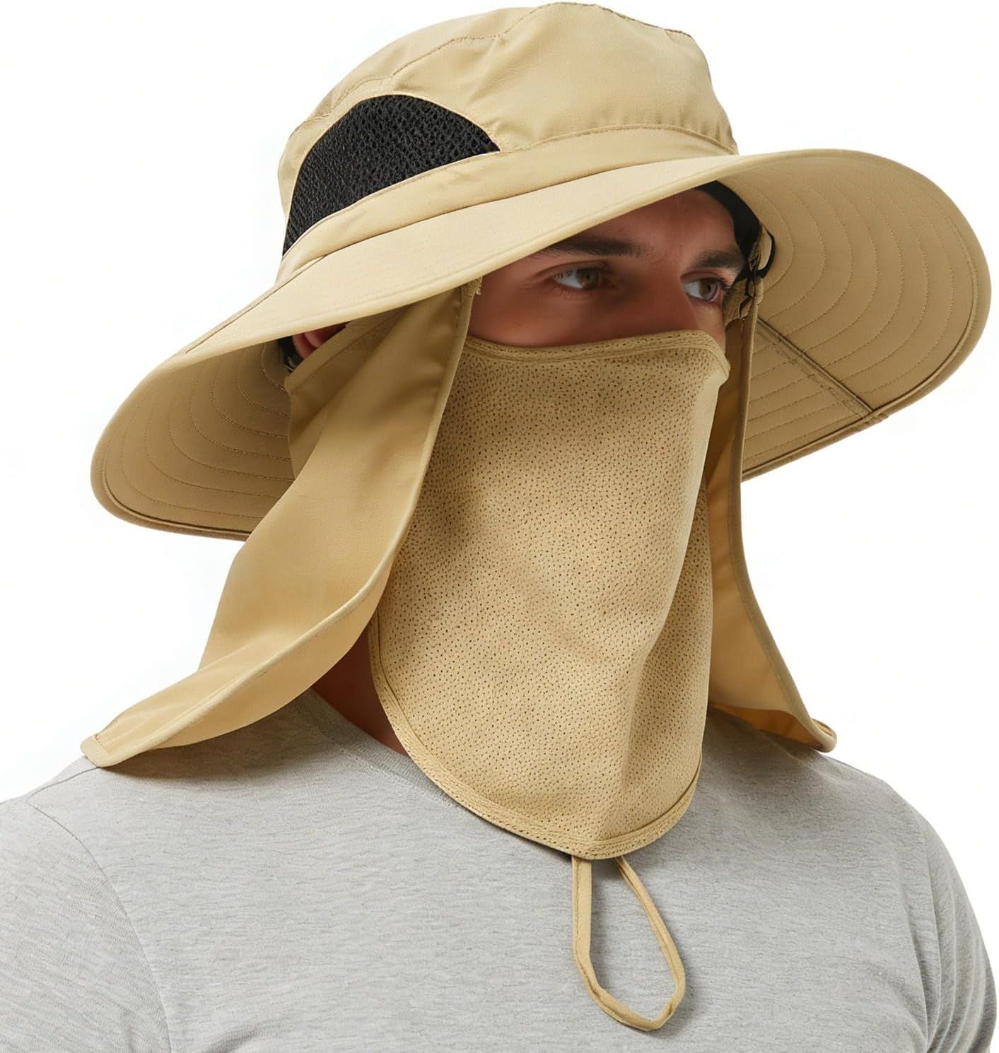 Khaki wide-brim sun hat with chin strap and mesh face covering