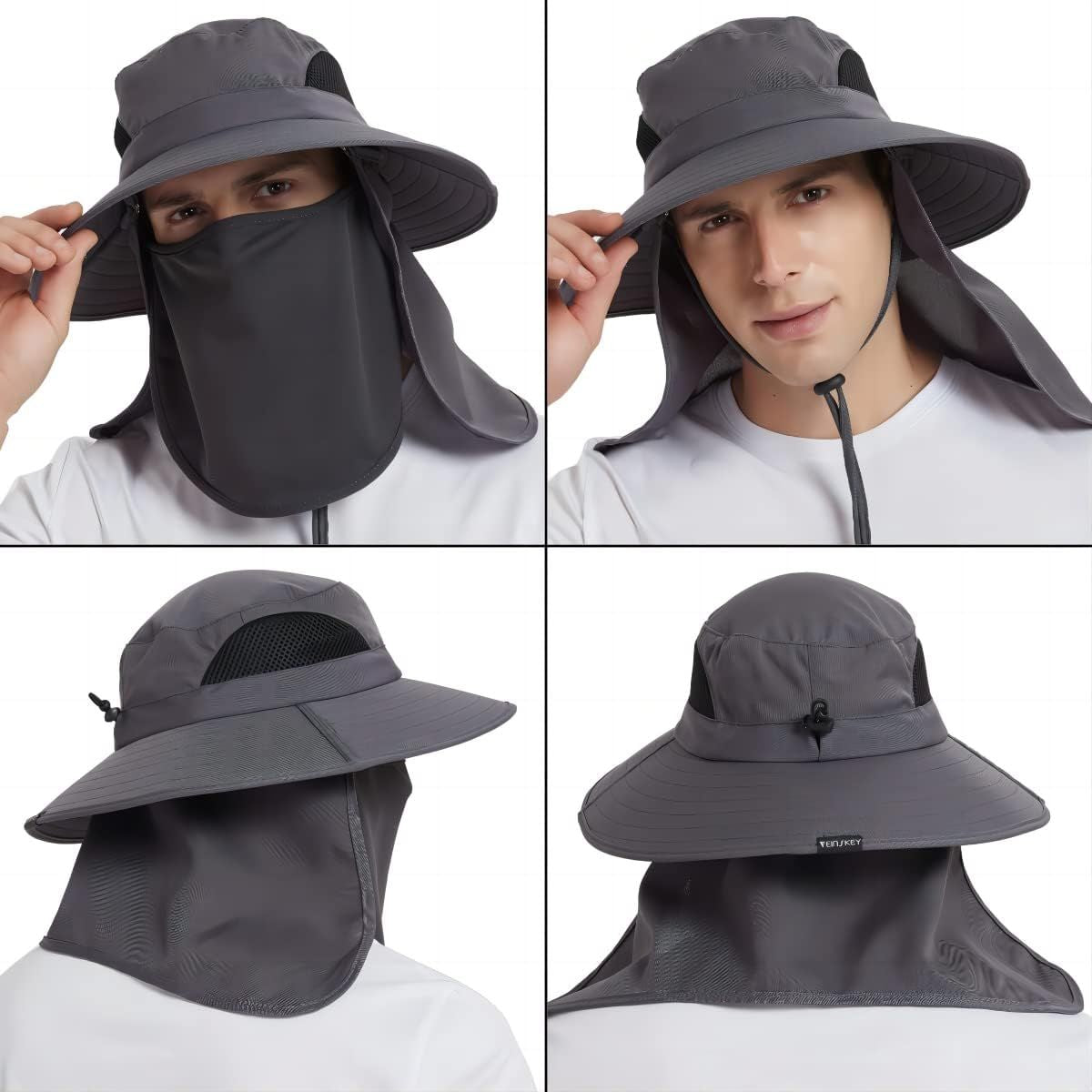 Dark grey wide-brim bucket hat with mesh top and extended face/neck flap protection.