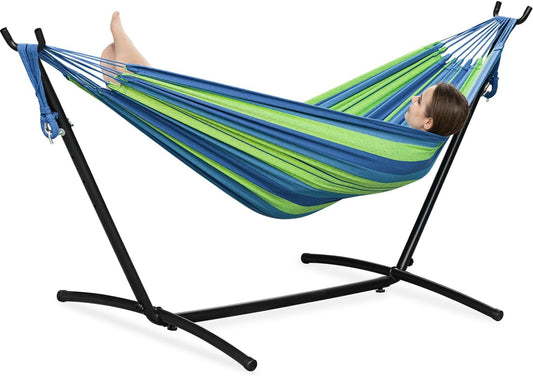 Double hammock with stand, blue and green striped fabric with black steel frame