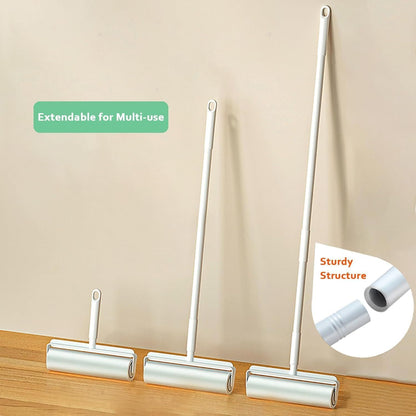 Extendable long lint roller with three stackable rods and two spare sticky rolls.