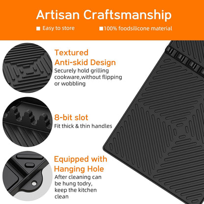 Black silicone tools mat with anti-slip ridges, hanging hole, and side utensil section