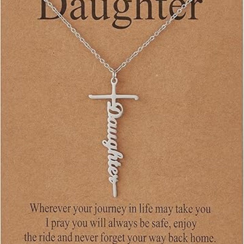 Faith cross pendant necklace with “Daughter” script charm on silver chain