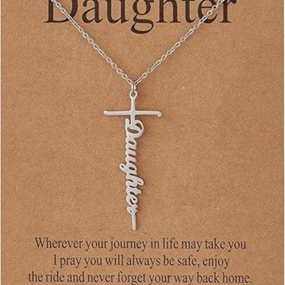 Faith cross pendant necklace with “Daughter” script charm on silver chain