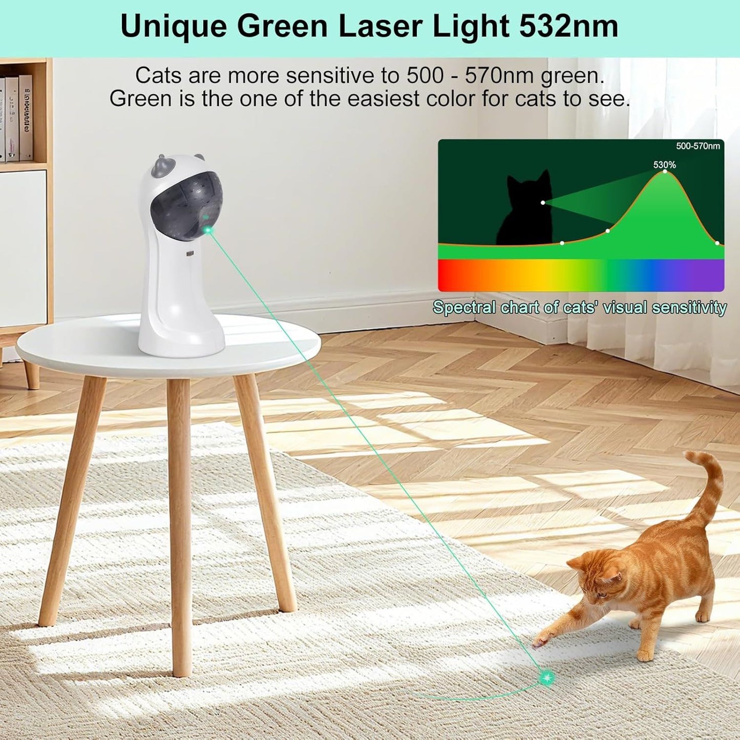 White cat laser projector toy emitting a green laser line from a rotating dome head