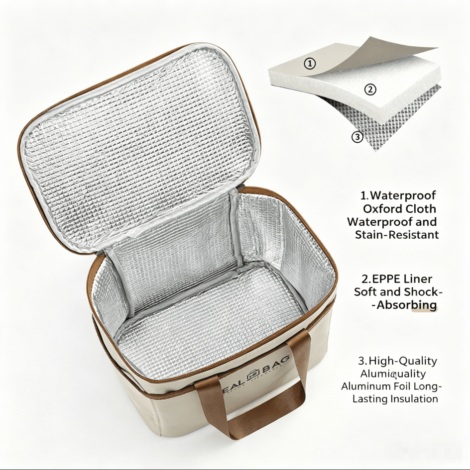 Insulated lunch cooler tote bag opened, showing silver foil interior and metal zipper