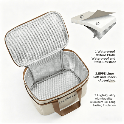 Insulated lunch cooler tote bag opened, showing silver foil interior and metal zipper