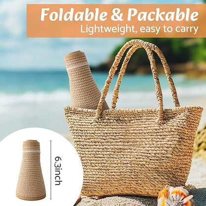 Foldable tan straw tote hat, lightweight carry style with tall handle view