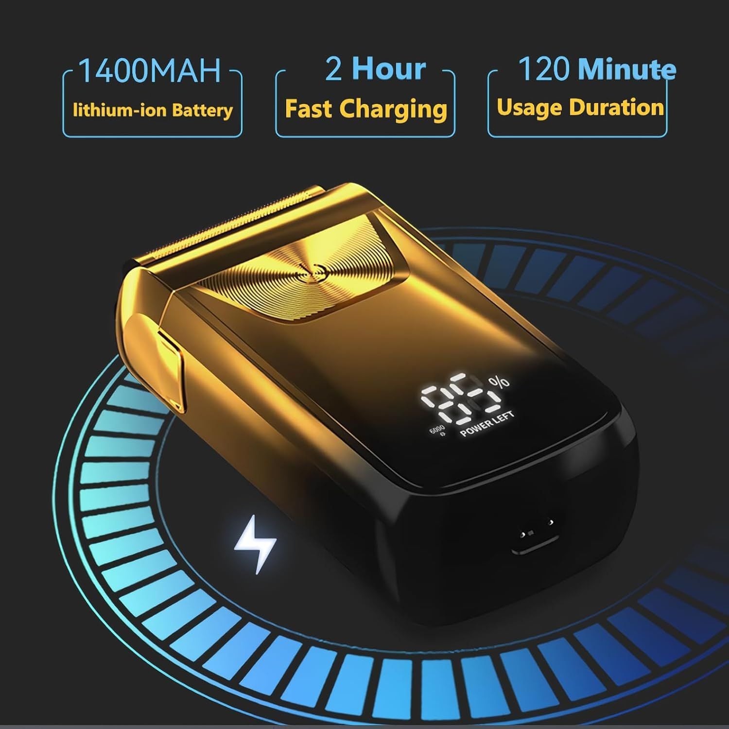 Gold rechargeable foil shaver with digital battery display and USB charging port