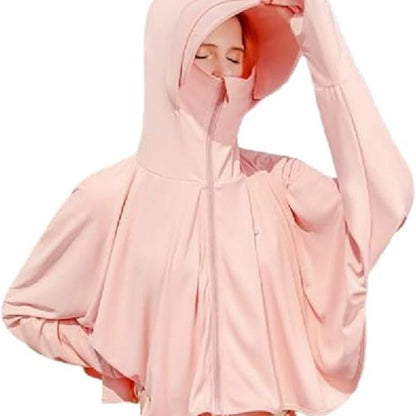 Pink hooded full-zip sun protective jacket with long sleeves and relaxed fit