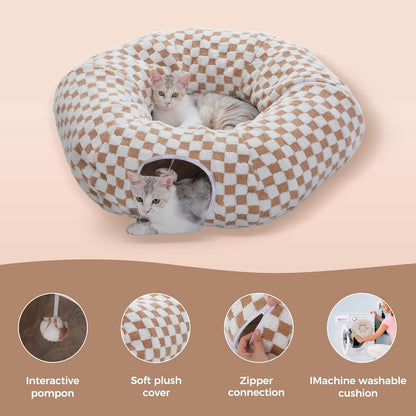 Beige checkered donut-shaped cat tunnel bed with round entrance and two cats