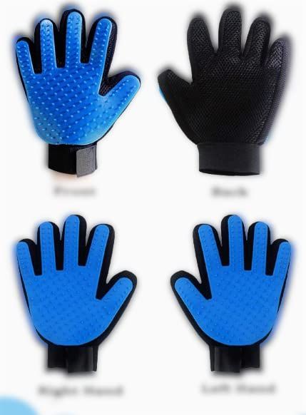 Set of pet grooming gloves: blue and black silicone tips, matching finger covers