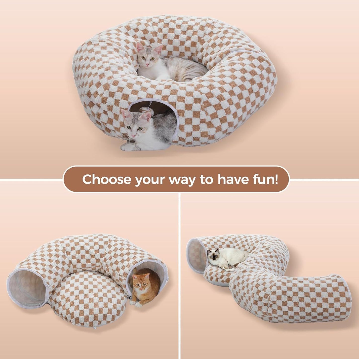 Beige checkered donut cat tunnel bed shown with cats lounging inside