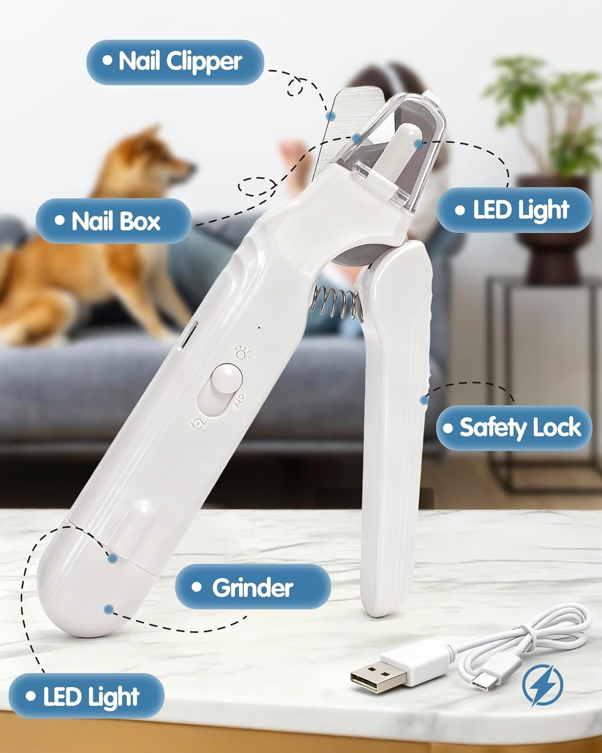 White 2-in-1 pet nail clipper and grinder set with LED light, safety lock, and USB cable.