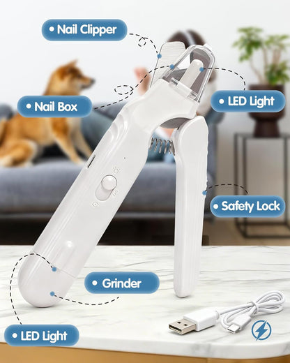 White 2-in-1 pet nail clipper and grinder set with LED light, safety lock, and USB cable.