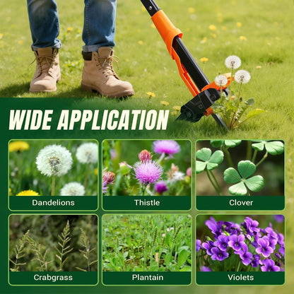 Orange stand-up weed puller with four claw prongs gripping small weeds