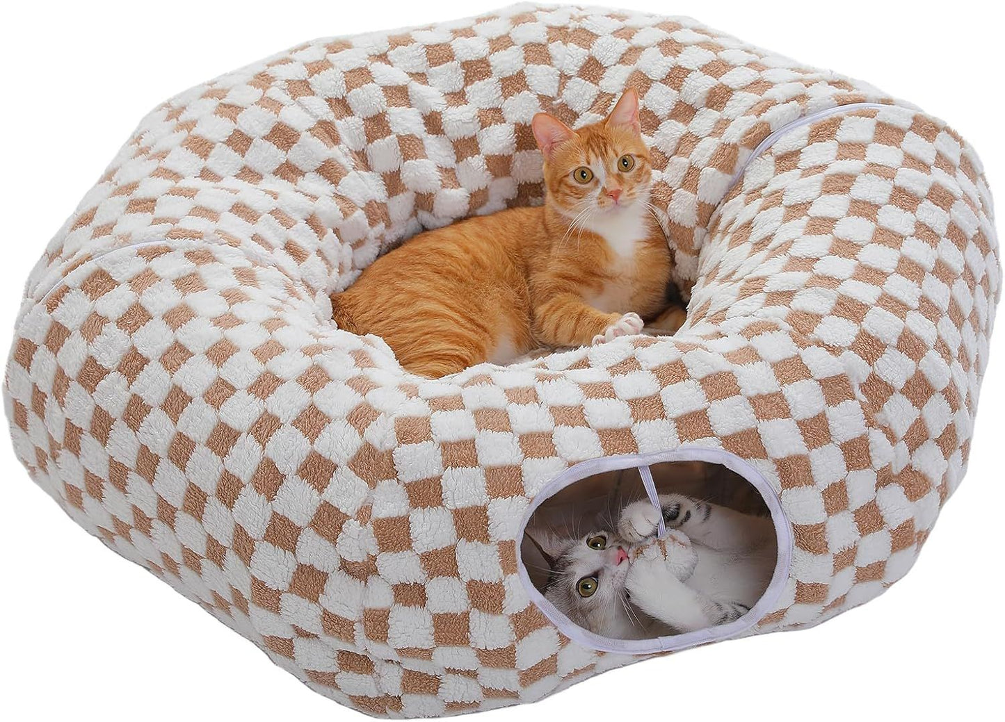 Beige and brown check cat donut tunnel bed with plush cushion and side entrance hole