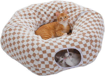 Beige and brown check cat donut tunnel bed with plush cushion and side entrance hole