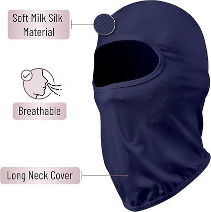 Navy blue breathable full-face balaclava with long neck cover and face opening.