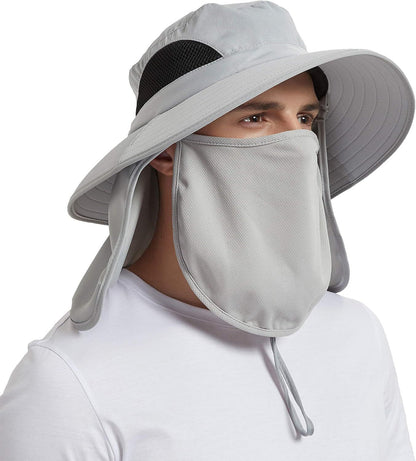 Light grey wide-brim sun hat with adjustable chin strap and face shield