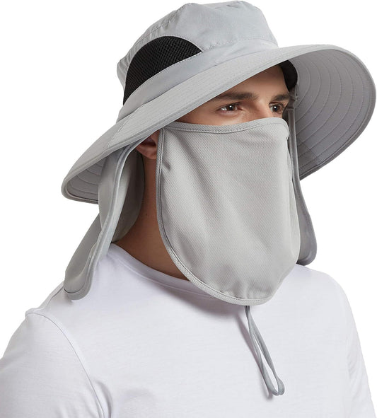 Light grey wide-brim sun hat with adjustable chin strap and face shield
