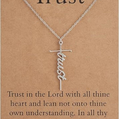 Silver cross pendant necklace with Trust script charm on a chain
