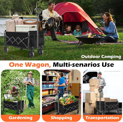 Black outdoor camping folding wagon cart with open sides and rolling wheels