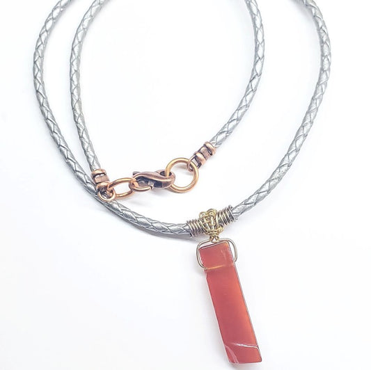 Red agate stick bolo necklace with wire-wrapped silver-gray braided leather cord