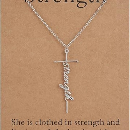 Cross pendant necklace with silver chain and strength cursive charm