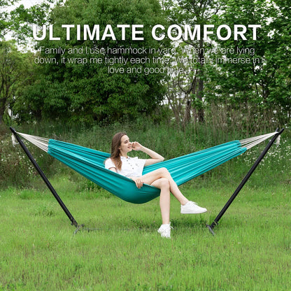 Double hammock with stand, teal fabric hammock suspended on black metal frame
