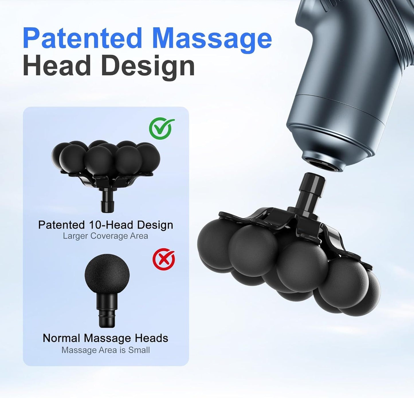 Blue massage gun with ball head attachment showing patented multi-head coverage