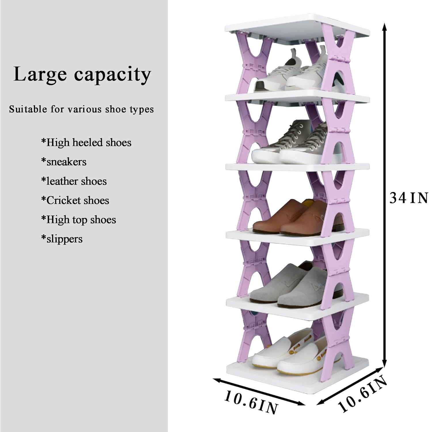 Purple 6-tier vertical shoe rack with shelf compartments and height/width dimensions