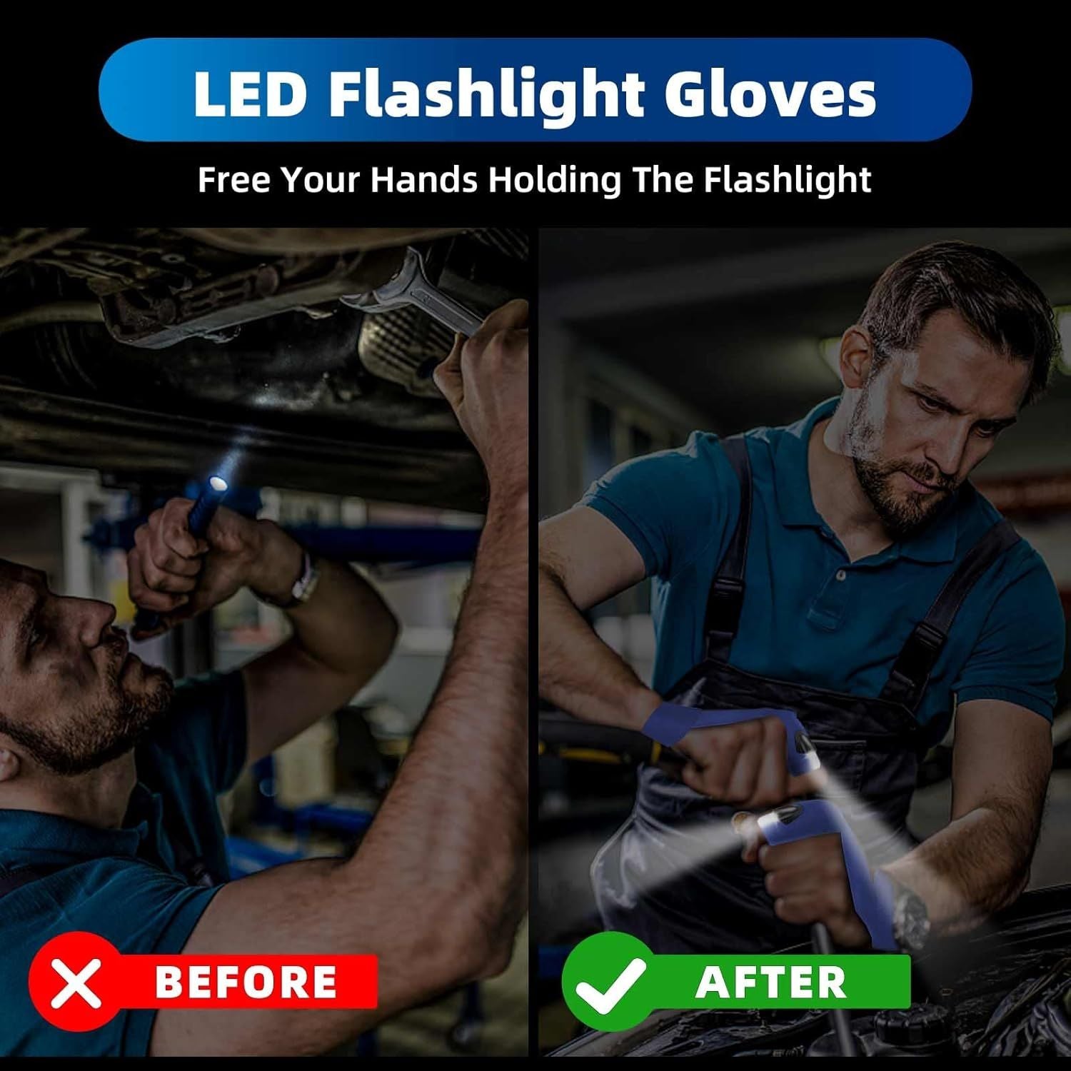 LED flashlight gloves with fingertip LEDs freeing hands during tasks