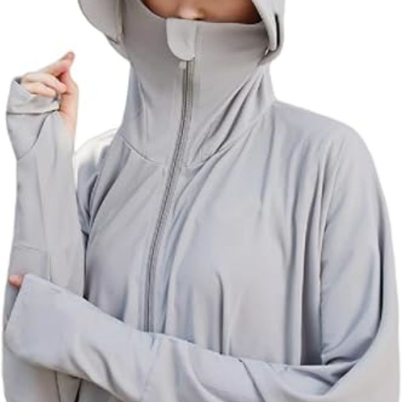 Light grey hooded full-zip sun jacket with long sleeves and front zipper